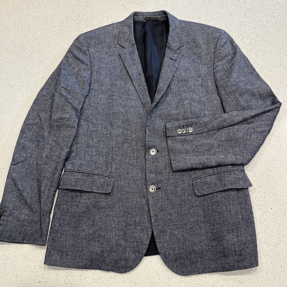Hugo BOSS Blazer Mens 42R Virgin Wool Linen Blue Heathered Business Classic